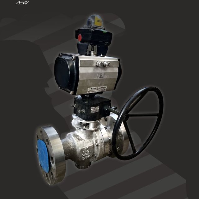 AEW Class 900 ball valve with pneumatic actuator and handwheel