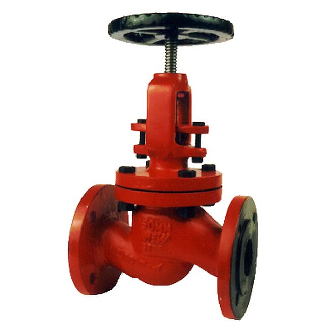 Red cast flanged globe valve, three-quarter view