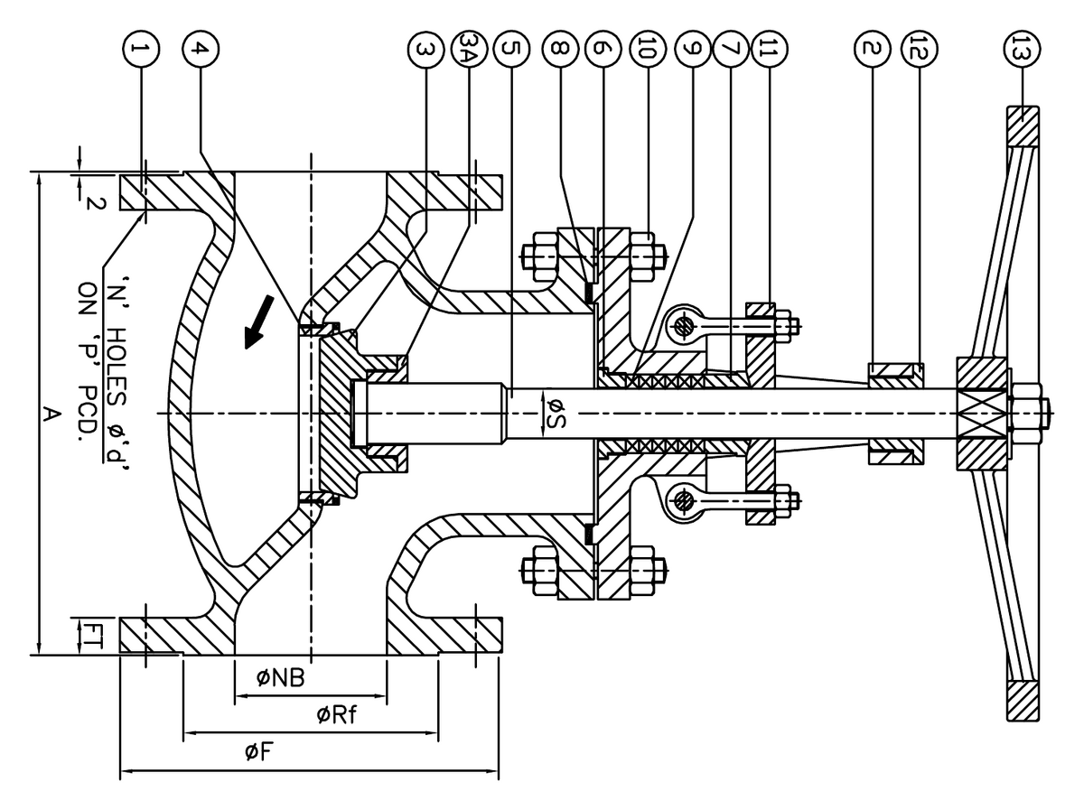 Sectional general-arrangement drawing of an AEW globe valve, with balloon callouts 1 to 12